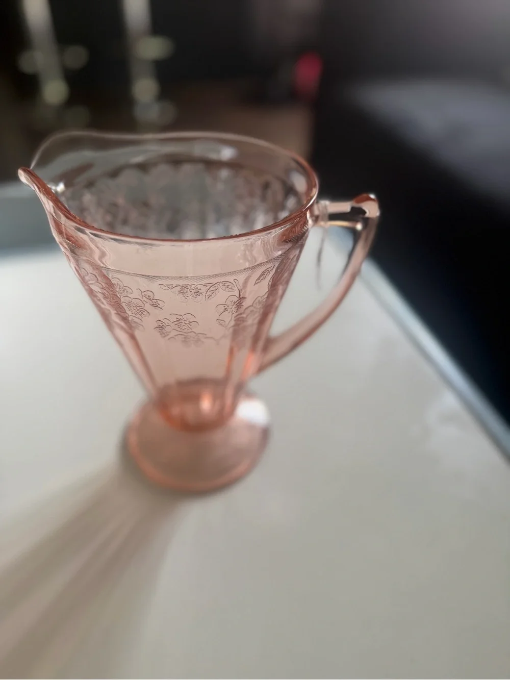 Pink Depression Glass Pitcher with Floral Etching